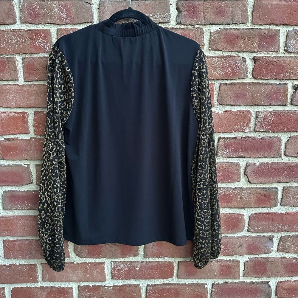 Michael Kors Ruffle Tie Neck Blouse Black Leopard Long Sleeve Large NEW - Picture 4 of 5